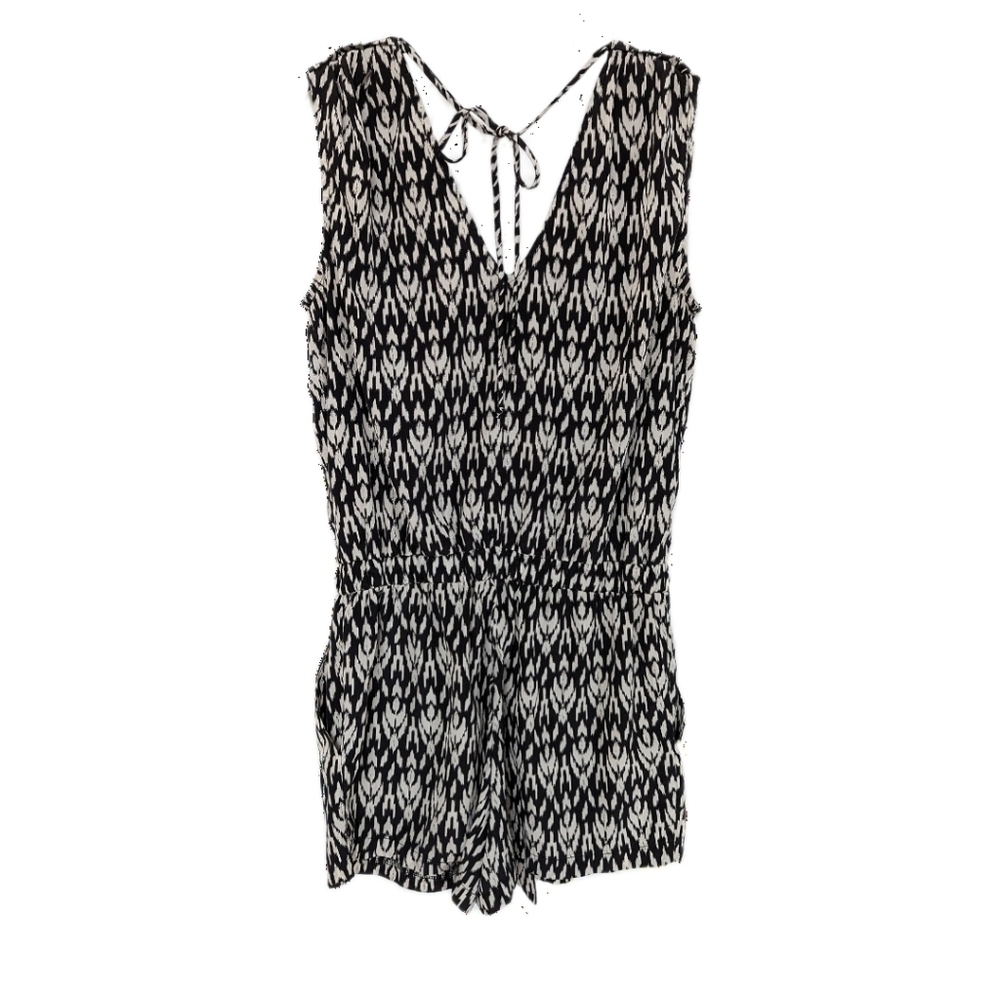 Ikat Print Black/ Cream Geometric V Neck Tank Drawstring Waist Romper- sz S